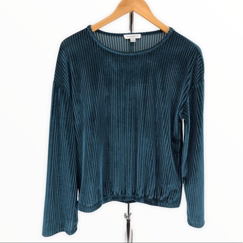 Carolina Belle Deep Teal Ribbed Velvet Long Sleeve Sweater Top Size Small - Picture 1 of 10